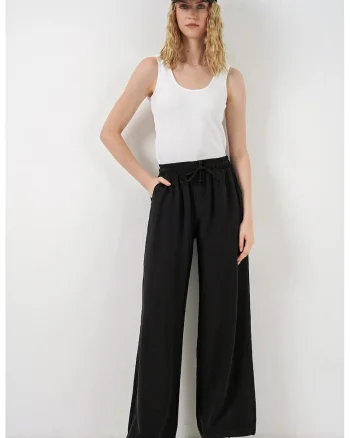Pantaloni dama,  talie inalta, picior larg, negru, 85% modal, 15% poliester