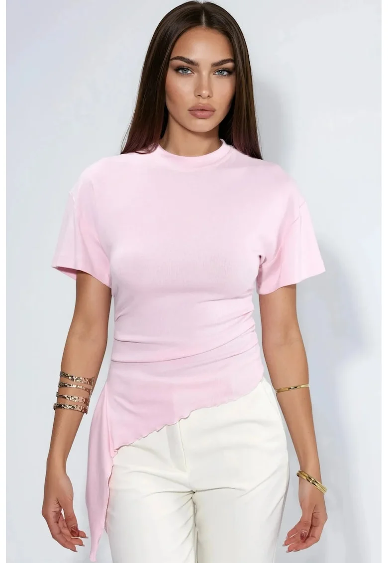 Tricou dama  supradimensionat, casual, roz pudra, material modal-bumbac-elastan