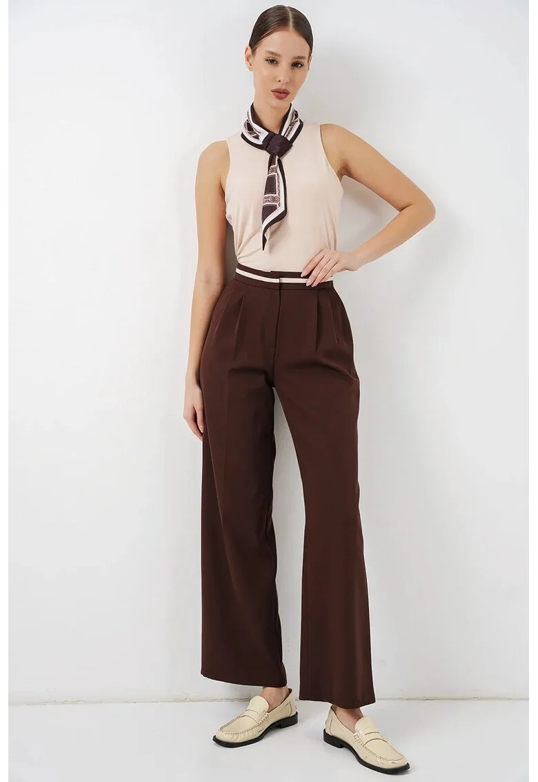 Pantaloni dama,  talie inalta, picior larg, maro mocha, poliester-elastan