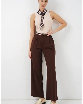 Pantaloni dama,  talie inalta, picior larg, maro mocha, poliester-elastan