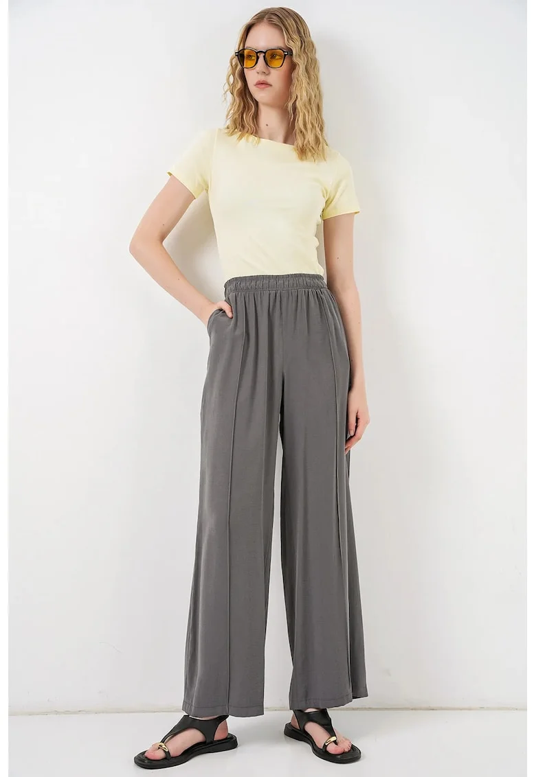 Pantaloni dama,  picior larg, elastic, gri carbune, 85% modal, 15% poliester