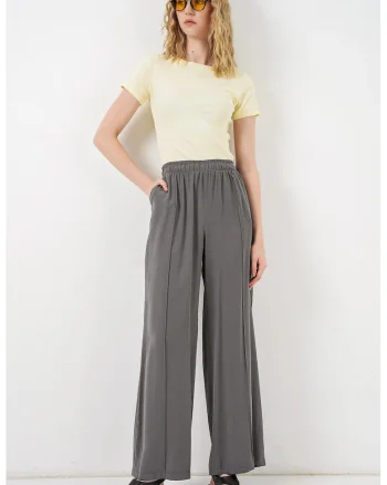 Pantaloni dama,  picior larg, elastic, gri carbune, 85% modal, 15% poliester