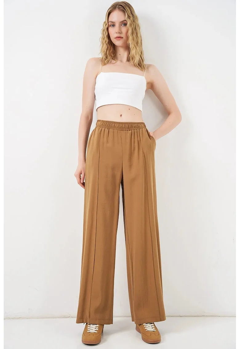 Pantaloni dama,  picior larg, elastic, tan natural, 85% modal