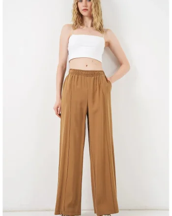 Pantaloni dama,  picior larg, elastic, tan natural, 85% modal