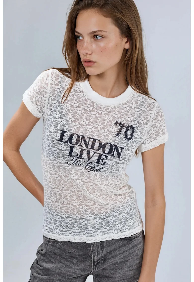 Tricou dama  imprimeu dantela, alb, poliamida/elastan