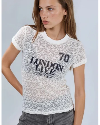 Tricou dama  imprimeu dantela, alb, poliamida/elastan