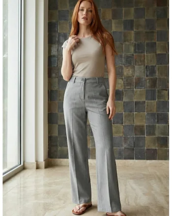 Pantaloni dama,  talie medie, gri, poliester-viscoza-elastan