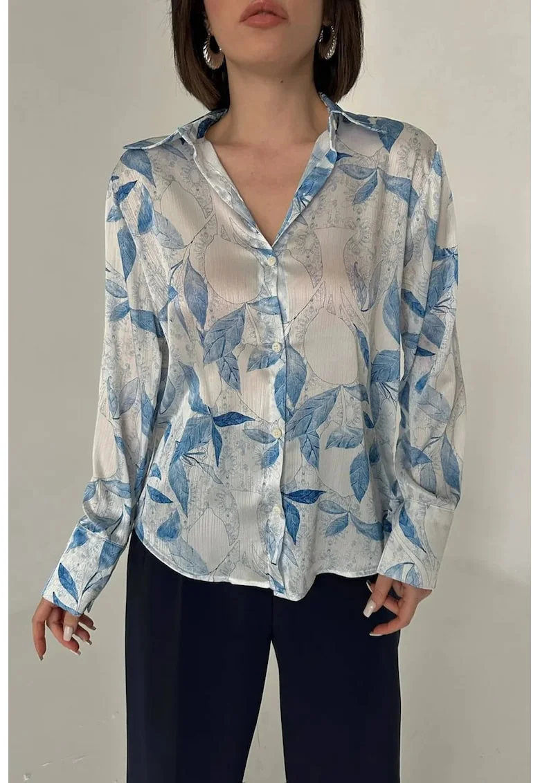 Camasa dama,  camasa din satin, imprimeu floral, albastru cobalt, 100% poliester