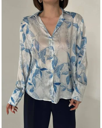 Camasa dama,  camasa din satin, imprimeu floral, albastru cobalt, 100% poliester