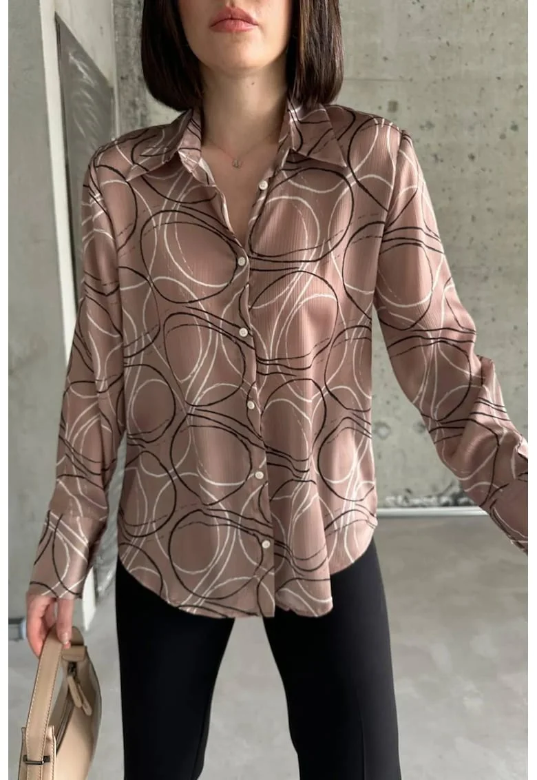 Camasa lunga cu imprimeu geometric,  casual, maro camel, 100% poliester