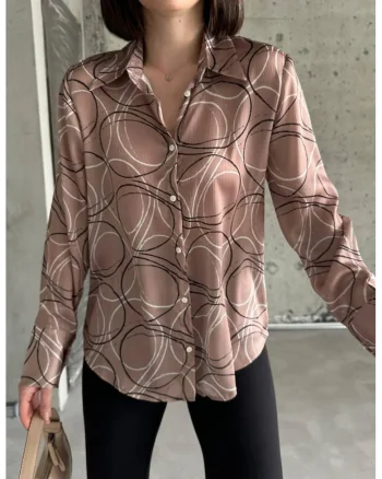 Camasa lunga cu imprimeu geometric,  casual, maro camel, 100% poliester