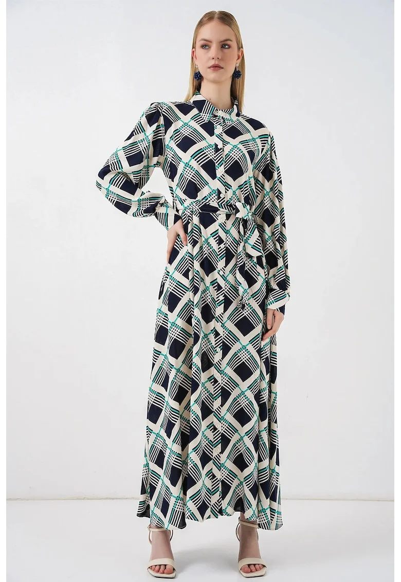 Rochie camasa midi,  carouri, albastru marin, 100% viscoza