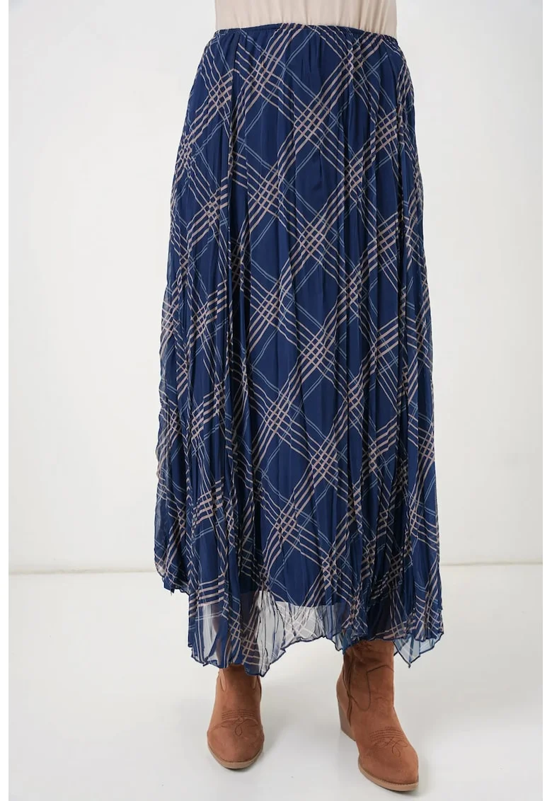 Fusta maxi  carouri, talie inalta, slit, bleumarin/bej, poliester