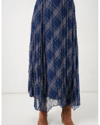 Fusta maxi  carouri, talie inalta, slit, bleumarin/bej, poliester