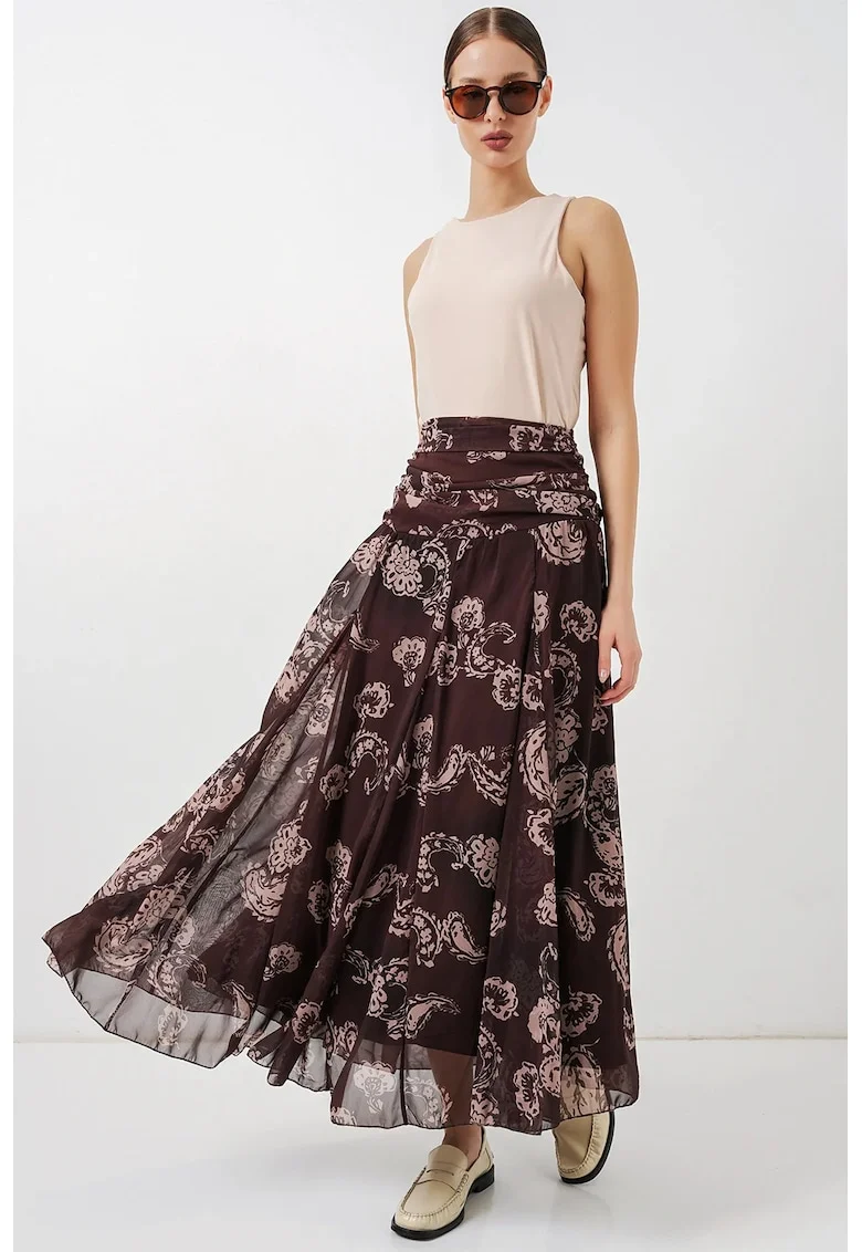 Fusta maxi  talie inalta, imprimeu Paisley, maro, poliester