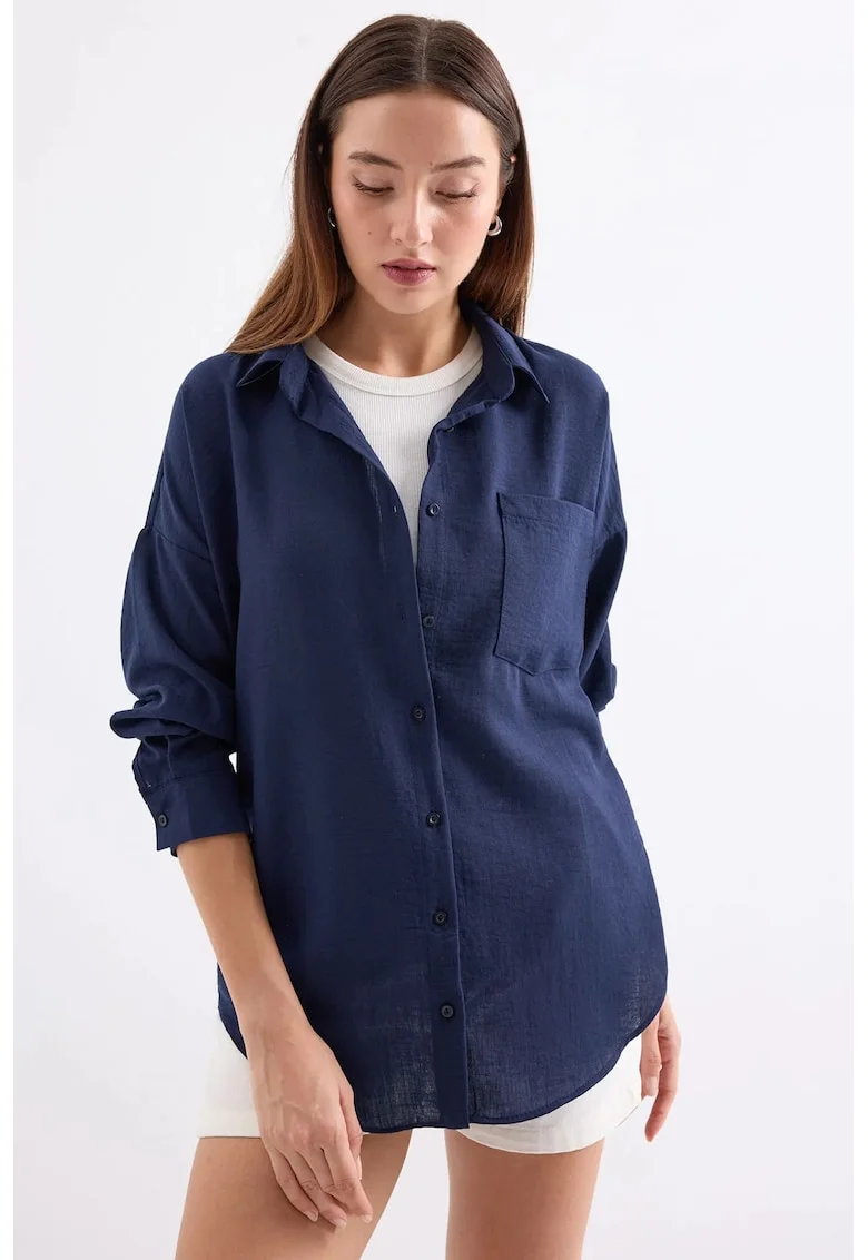 Camasa overshirt,  amestec de in, albastru marin, maneca lunga, guler clasic