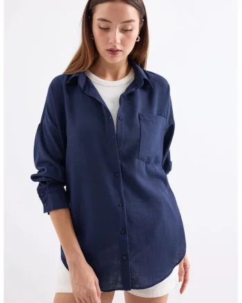 Camasa overshirt,  amestec de in, albastru marin, maneca lunga, guler clasic