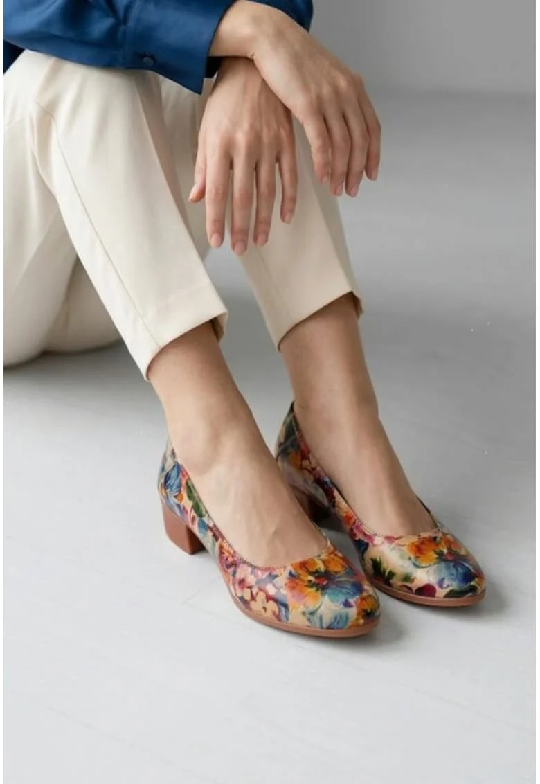 Pantofi dama din piele cu imprimeu floral multicolor