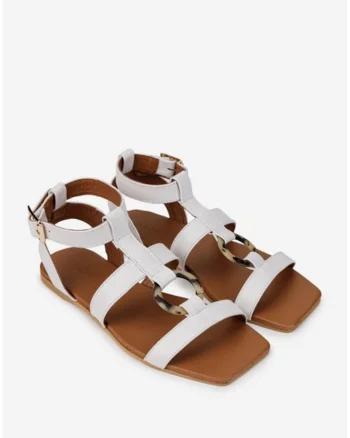 Sandale dama din piele naturala alba cu ornament