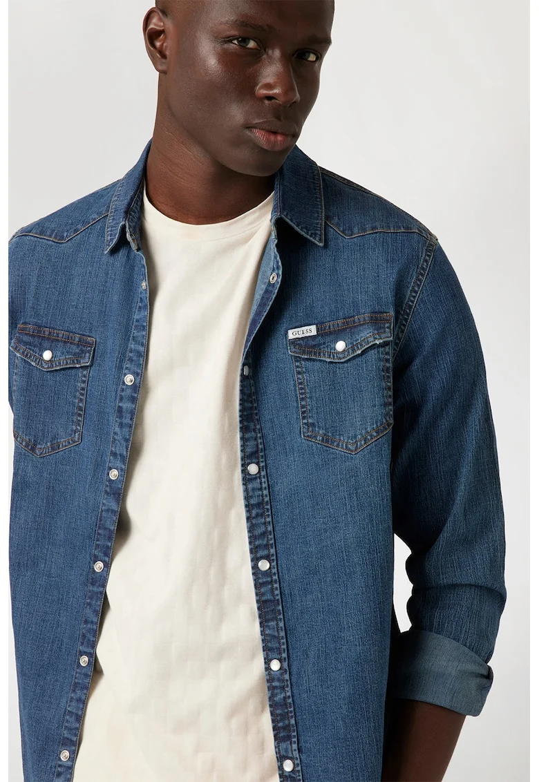 Camasa din denim cu buzunare aplicate, Albastru inchis