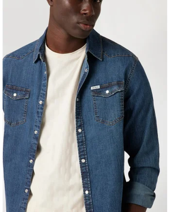 Camasa din denim cu buzunare aplicate, Albastru inchis