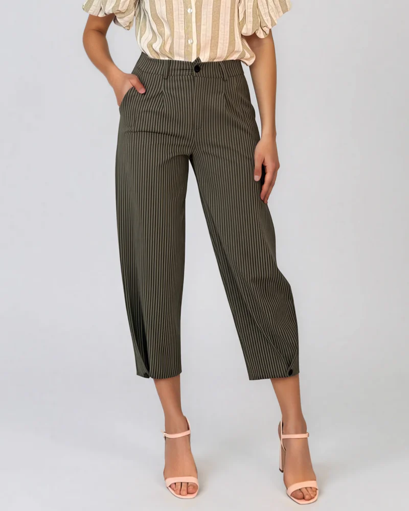 Pantaloni cu dungi și nasturi decorativi kaki - Unica S-L