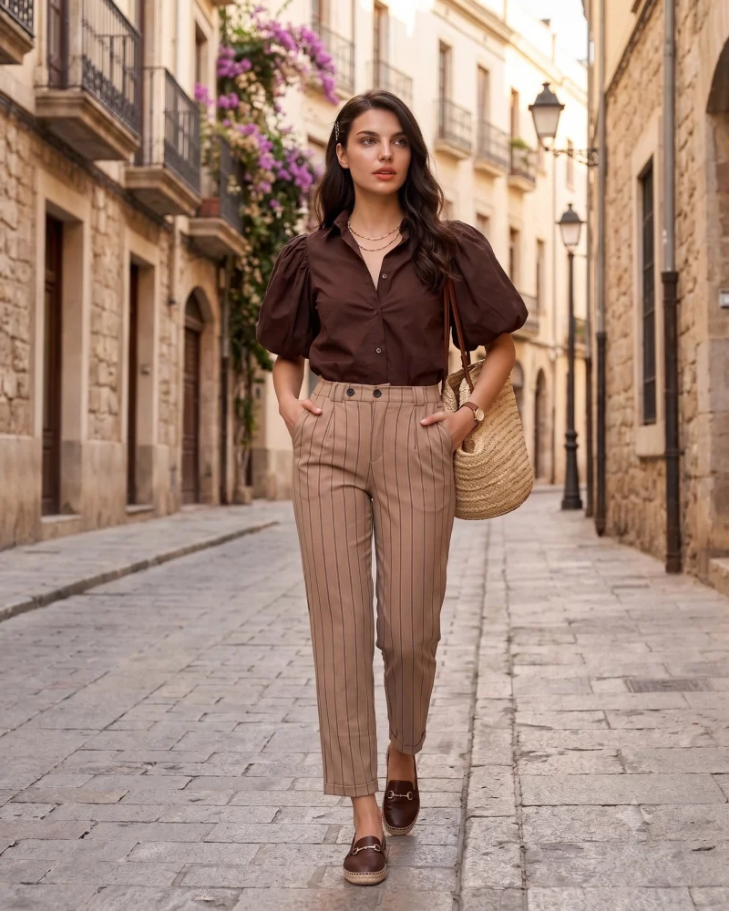 Pantaloni cu dungi și manșetă beige - Unica S-L