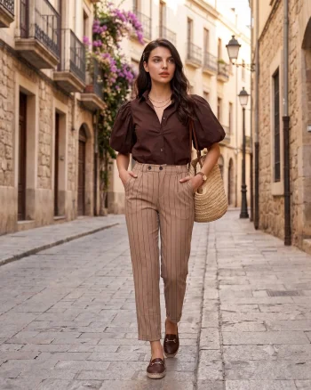 Pantaloni cu dungi și manșetă beige - Unica S-L