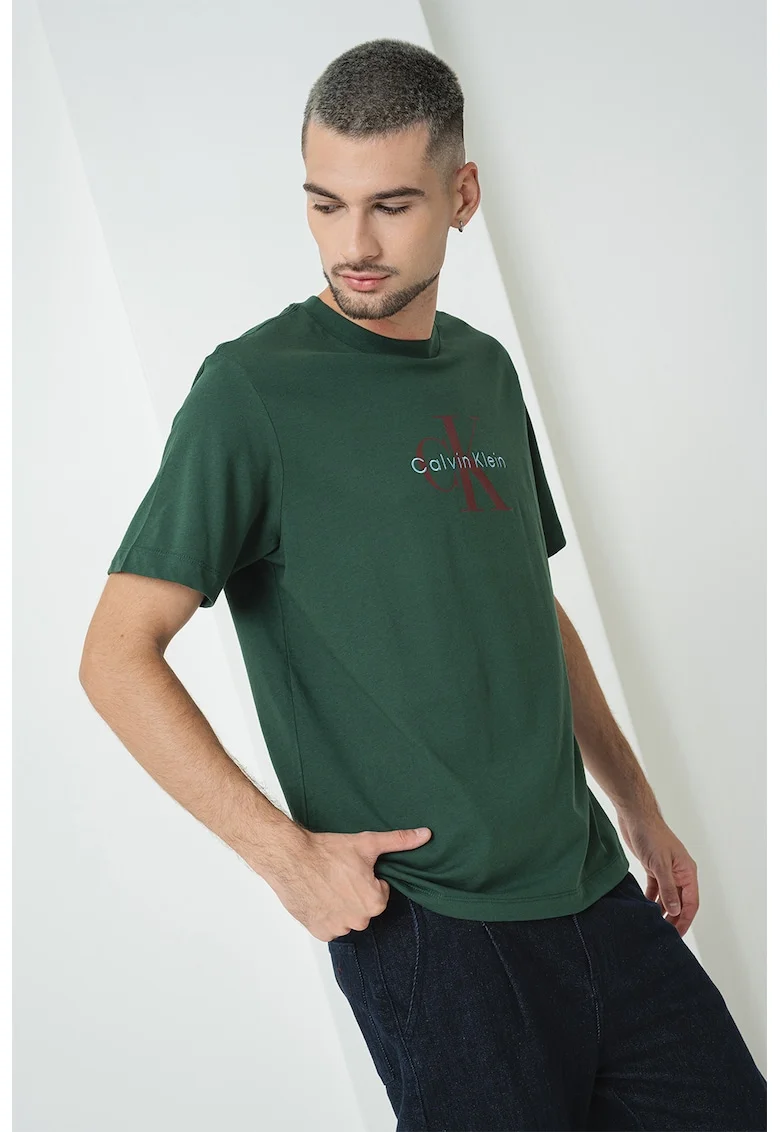 Tricou din bumbac cu imprimeu logo, Visiniu/Verde padure