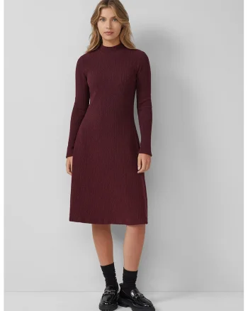 Rochie texturata cu maneci lungi, Rosu inchis