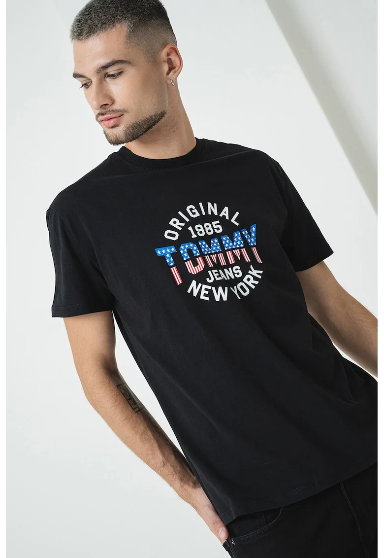 Tricou de bumbac cu decolteu la baza gatului, Negru