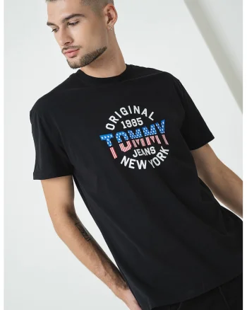 Tricou de bumbac cu decolteu la baza gatului, Negru