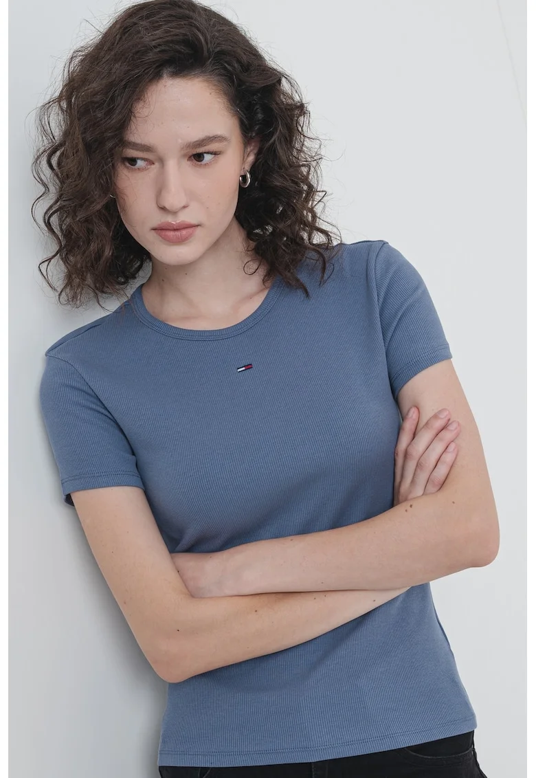 Tricou slim fit striat, Gri carbune
