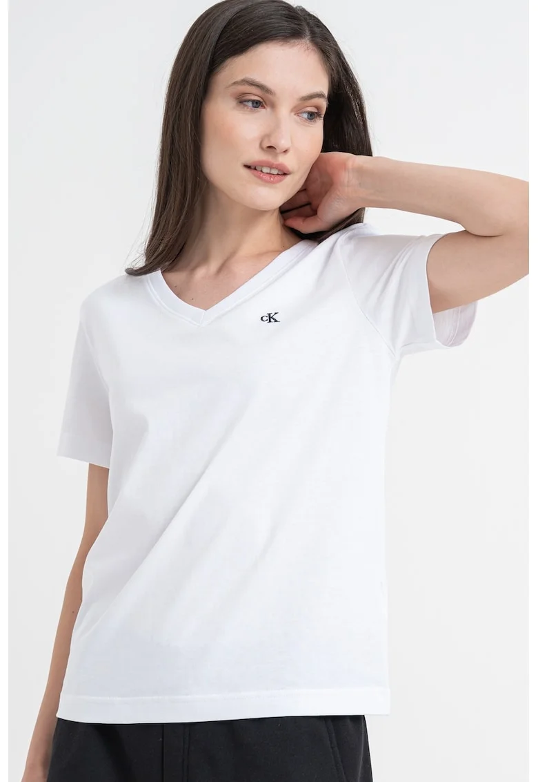Tricou cu decolteu in V si logo discret, Alb