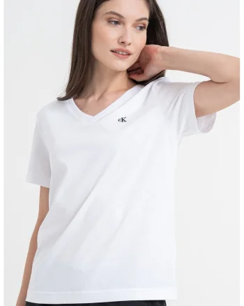 Tricou cu decolteu in V si logo discret, Alb