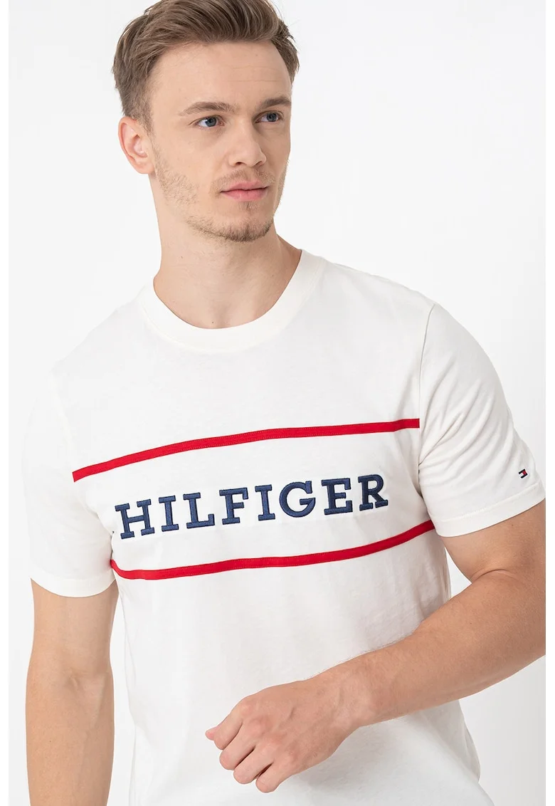 Tricou cu imprimeu si decolteu la baza gatului, Rosu/Albastru ultramarin/Crem