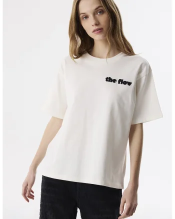 Tricou din bumbac cu decolteu la baza gatului si aplicatie text, Alb