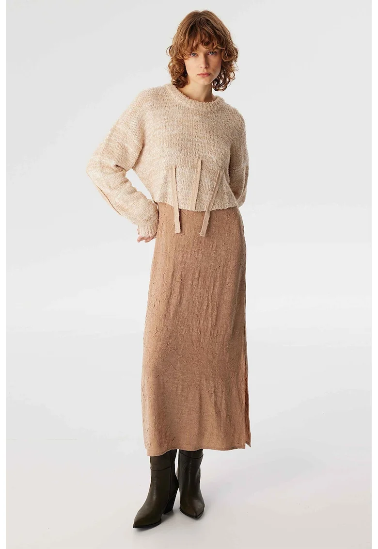 Rochie cu maneci lungi si model 2 in 1, Maro nisip
