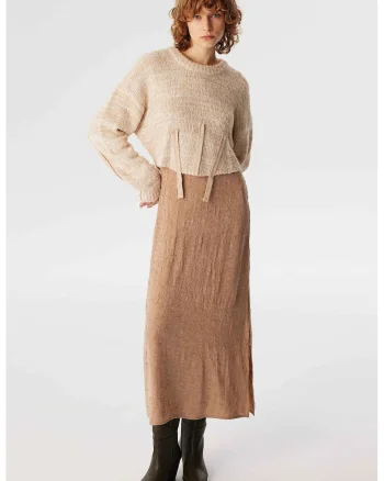 Rochie cu maneci lungi si model 2 in 1, Maro nisip