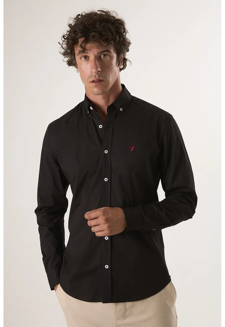 Camasa din amestec de bumbac cu guler Oxford, Negru