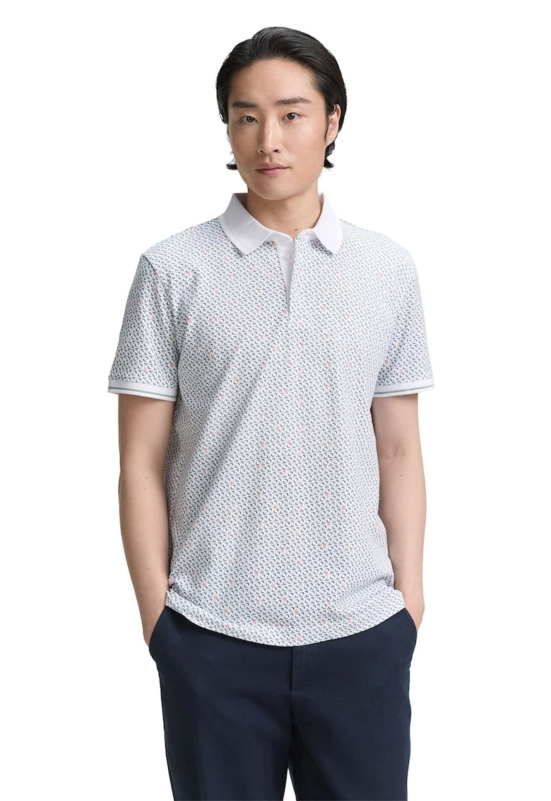 Tricou polo cu model, Alb/Albastru inchis/Rosu stins
