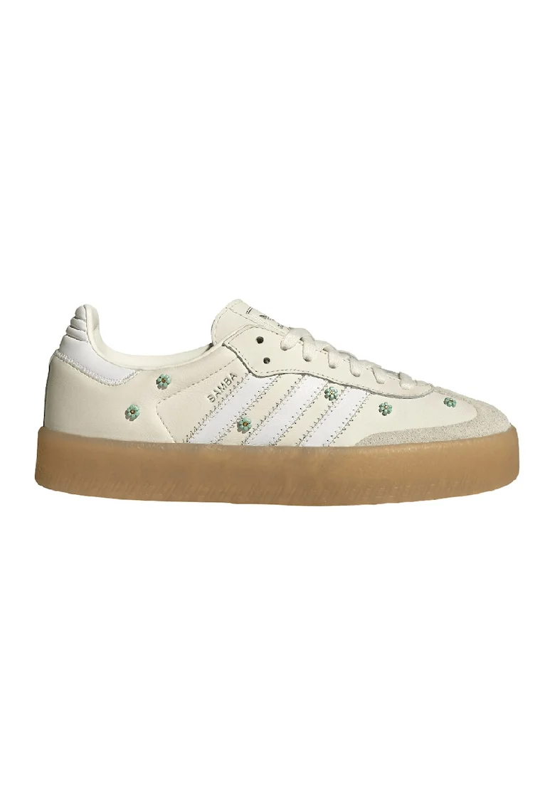 Pantofi sport din piele si piele intoarsa cu aplicatii florale Sambae, Verde/Alb fildes