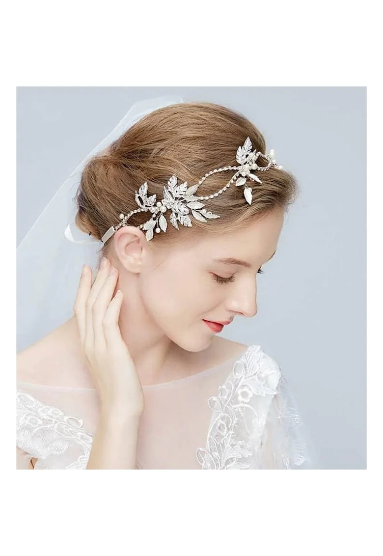 Accesoriu par, modelator, argintiu, cu frunzulite si perle, Maibritt C1,