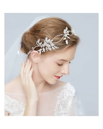 Accesoriu par, modelator, argintiu, cu frunzulite si perle, Maibritt C1,