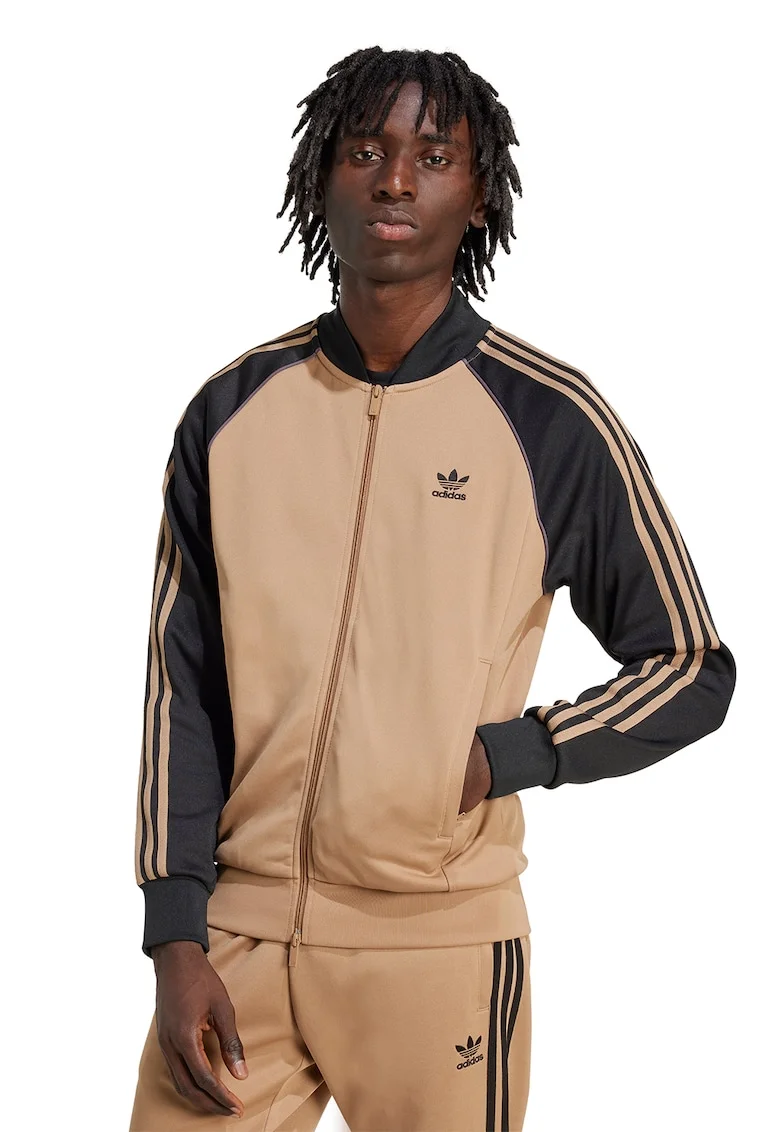 Bluza de trening cu fermoar si logo, Negru/Maro nisip