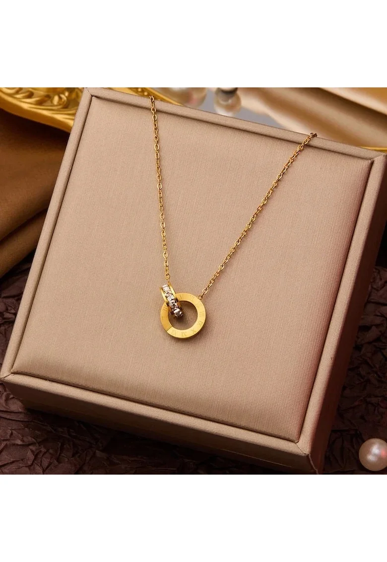 Colier auriu, din otel inoxidabil, suflat cu aur 18k, cu cerculete imbinate si pietre din zirconiu, Inka C4