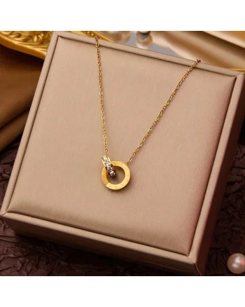 Colier auriu, din otel inoxidabil, suflat cu aur 18k, cu cerculete imbinate si pietre din zirconiu, Inka C4