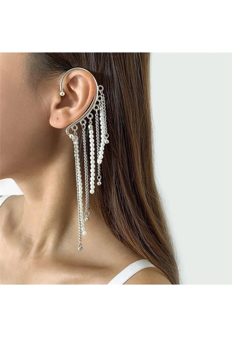 Cercel ear cuff, argintiu, cu franjuri si perle, Harda C4,