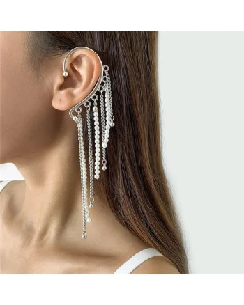 Cercel ear cuff, argintiu, cu franjuri si perle, Harda C4,