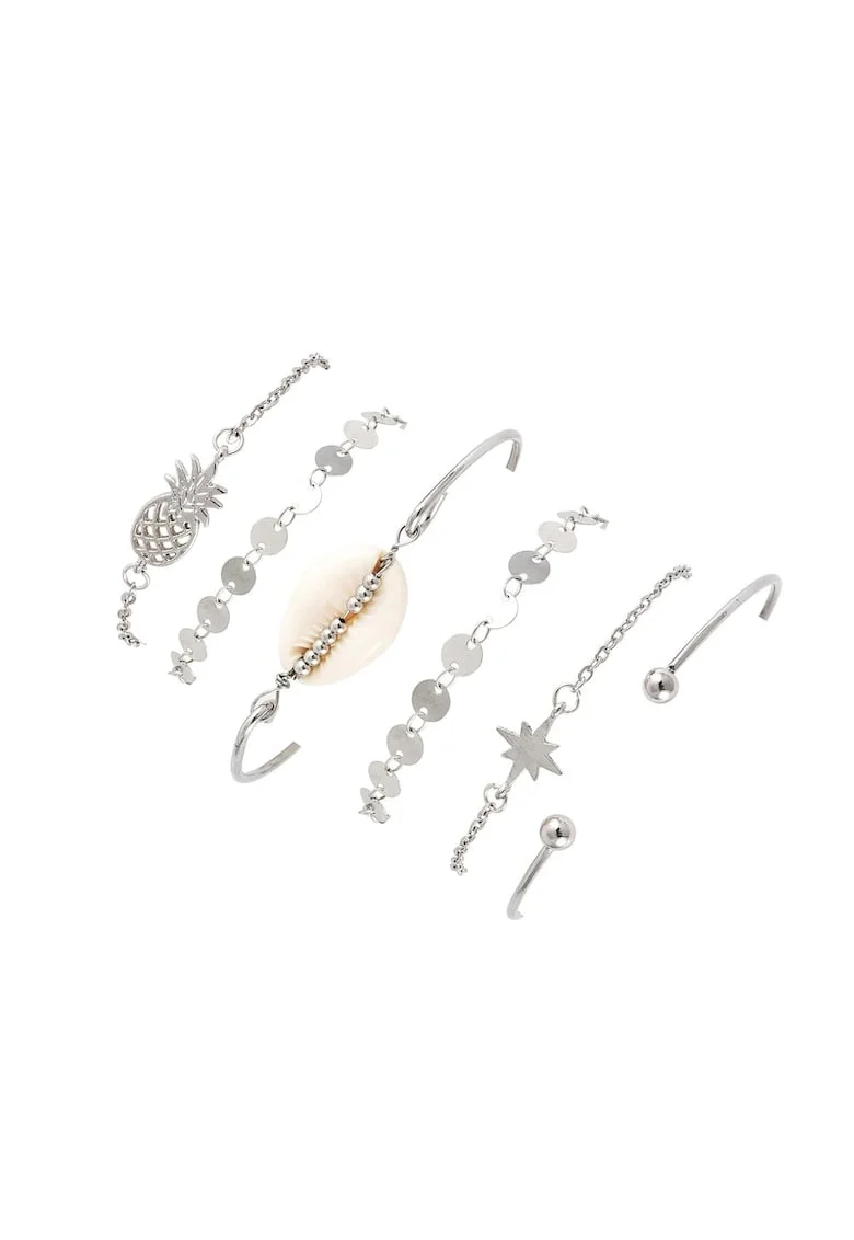 Set 6 bratari argintii, cu scoica, banuti si ananas, Norita C8,
